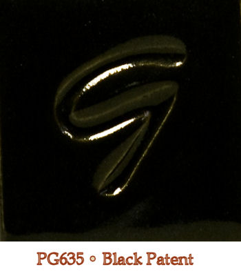 Black Patent glaze sample PG635 displayed on a square tile, showcasing a glossy black surface with a raised design.