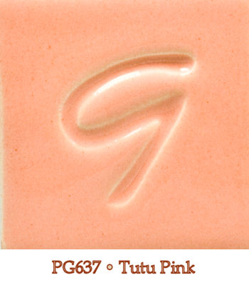 Color swatch of PG637 Tutu Pink glaze, featuring a light pink shade with a stamped G design for ceramics and pottery projects.