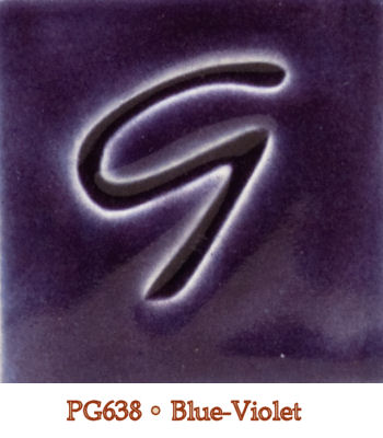 Ceramic glaze sample PG638 in blue-violet with a textured letter G design, ideal for pottery and sculpture applications.