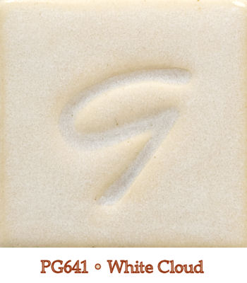 A ceramic glaze sample tile labeled PG641 • White Cloud featuring a smooth, beige surface with a subtle texture.