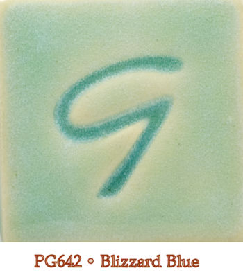 Blizzard Blue glaze sample (PG642) featuring a soft blue-green hue with a stylized G design.