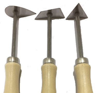 Three metal shaping tools with triangle blades, featuring wooden handles, ideal for detailed ceramic and pottery work.
