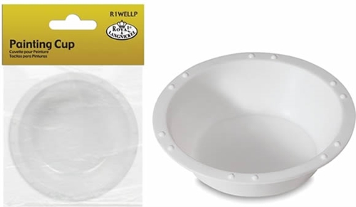 White painting cup for ceramics, used for glazing and decorating pottery, shown with packaging from Royal Langnickel.