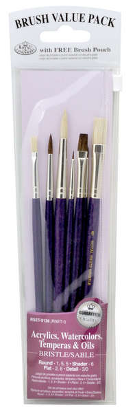 Brush Value Pack featuring various sizes and shapes of sable bristle brushes for acrylics and watercolors.