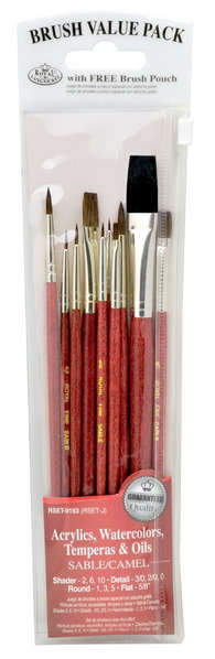 Set of Sable and Camel brushes in a value pack for watercolor and acrylic painting, stored in a clear brush pouch.