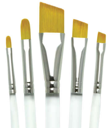 Five ceramic brushes with yellow bristles and silver ferrules, ideal for glazing and decorating pottery and sculptures.