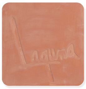 Square terracotta clay tile featuring an embossed Laguna signature, ideal for pottery identification and decoration.