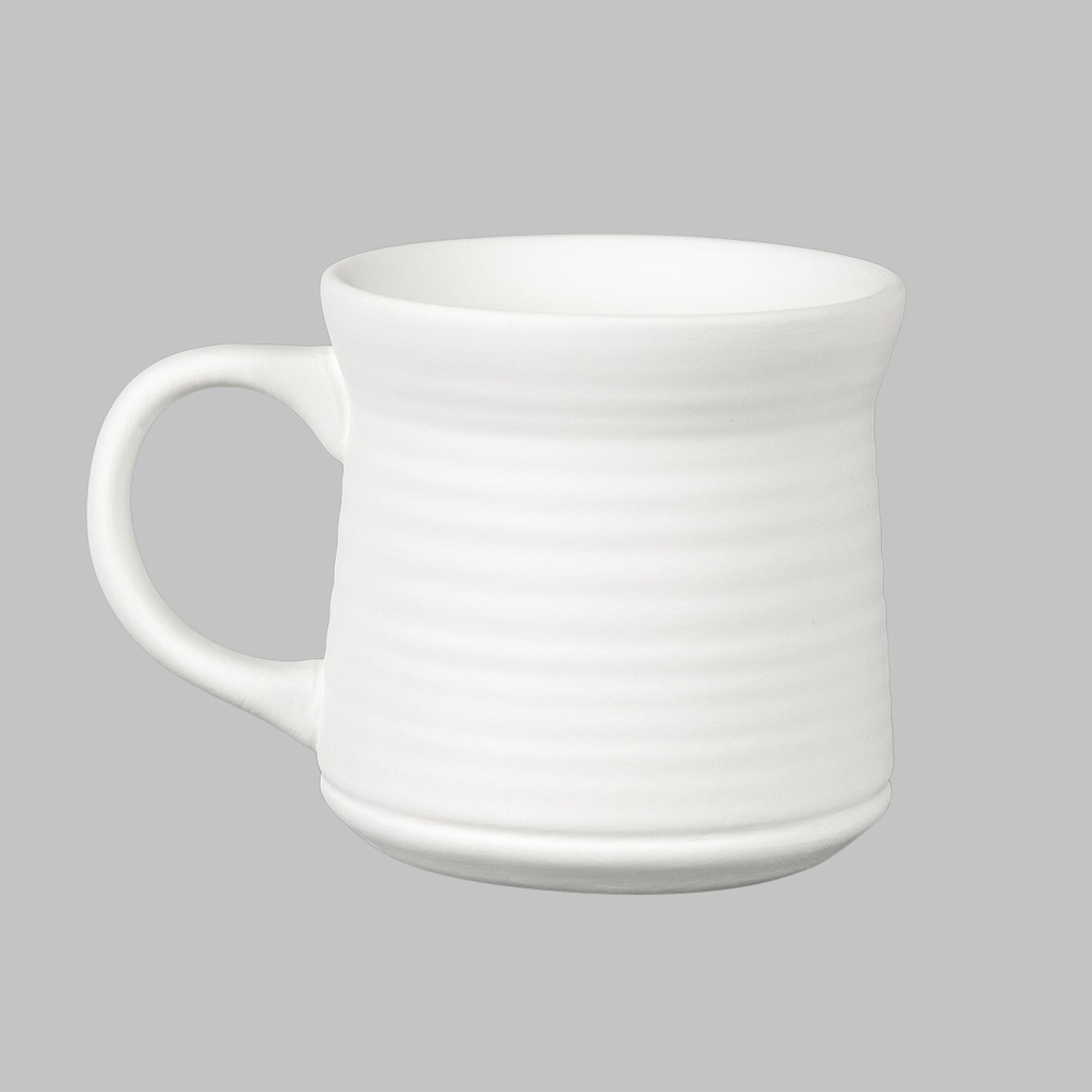 White ceramic mug with subtle ribbed texture and a sturdy handle, ready for glazing and kiln firing. Ideal for pottery work.