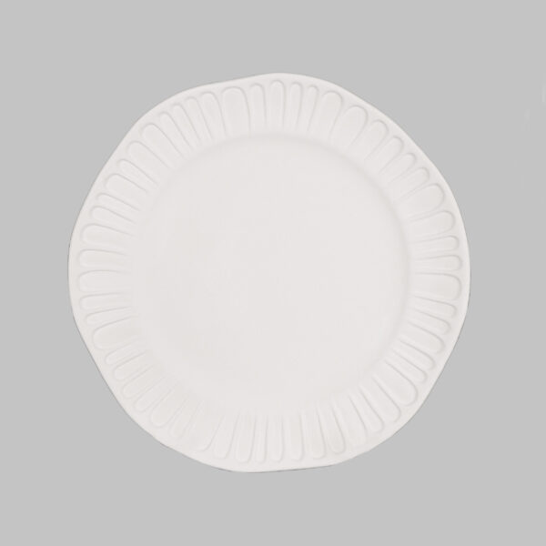 White ceramic plate with a textured, fluted edge, perfect for glazing or displaying pottery creations.