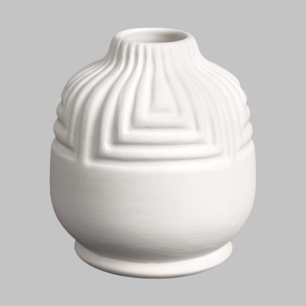 White ceramic vase with geometric ribbed texture, ideal for glazing and decoration in ceramic art projects and studios.