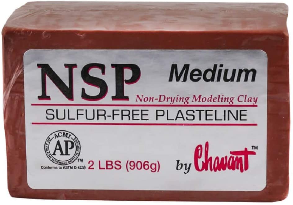 Red block of NSP Medium non-drying modeling clay, labeled as sulfur-free plasteline, weighing 2 lbs by Chavant.