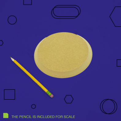 Clay slab for pottery, circular and flat, next to a yellow pencil for scale, set against a blue background.
