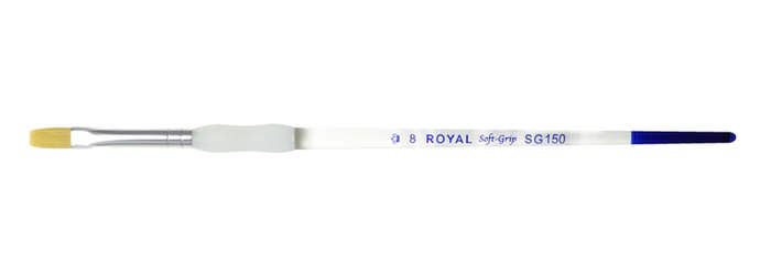 Close-up of a Royal Soft Grip #8 SG150 paintbrush, featuring a flat, golden bristle tip ideal for glazing ceramics.