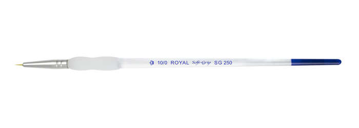 Detail of a 10/0 Royal Soft Grip SG 250 paintbrush, ideal for fine detailing in ceramics and glaze decoration.