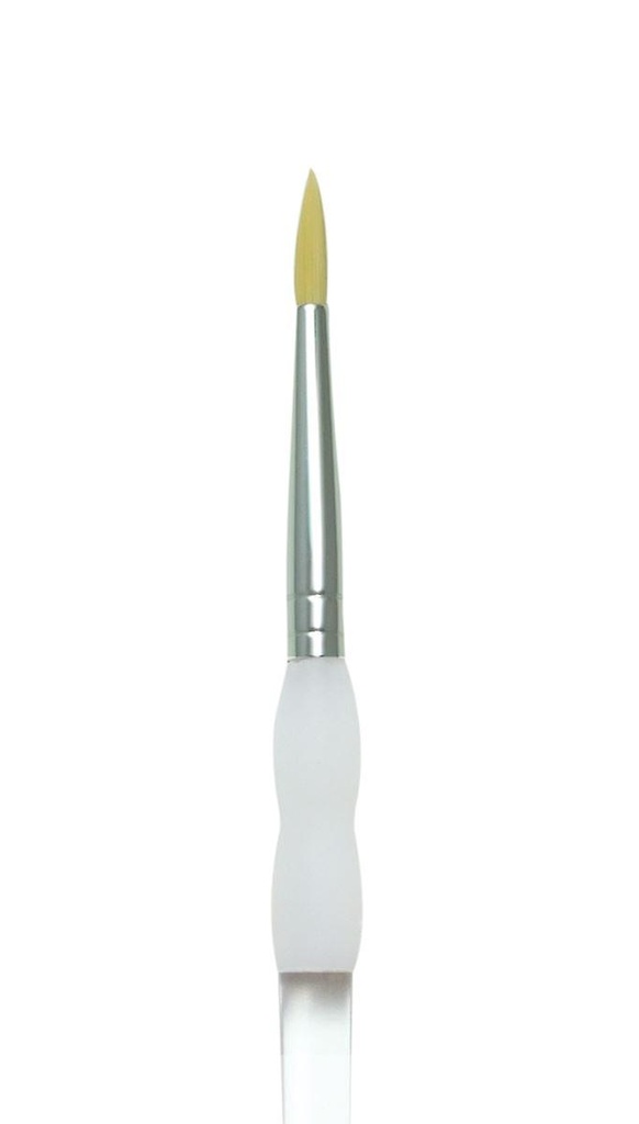 Detail of a fine-tipped ceramic brush with a yellow bristle head and a silver ferrule, ideal for glazing and detailing work.