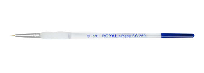 Detail of a Royal Soft Grip 5/0 paintbrush used for fine detailing in ceramics and pottery glazing and decoration.