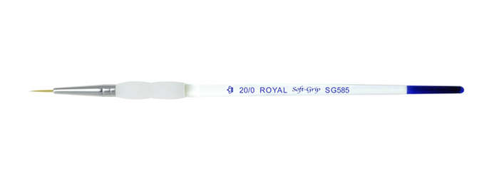 Fine-point ceramic brush for detailed painting, featuring a soft grip handle and a blue-tipped bristle for glazes.