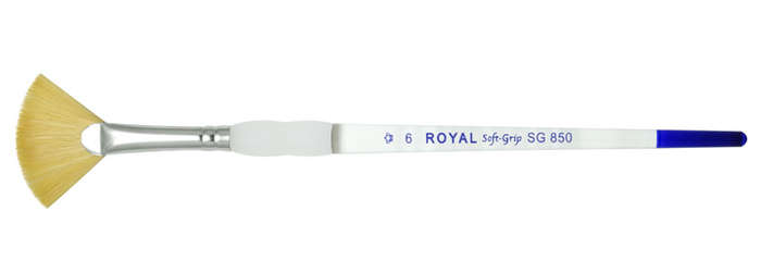 Fan brush by Royal, size 6, featuring soft grip handle, used for glazing and decorating ceramics and pottery.