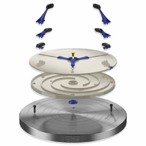 Exploded view of the Shimpo RK-3D pottery wheel parts, highlighting the drive mechanism, splash pan, and adjustable feet.