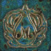 Detailed ceramic tile featuring a floral motif in gold over a blue-green textured glaze, showcasing decorative pottery techniques.