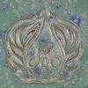 Ceramic surface with intricate floral motifs in blue and gold, featuring a stylized M at the center.