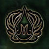 Ornate ceramic logo design featuring a stylized letter M surrounded by decorative leafy elements on a dark green background.