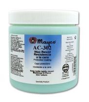 Mayco AC-302 wax resist, a protective coating for ceramics, displayed in a clear jar with a white lid.