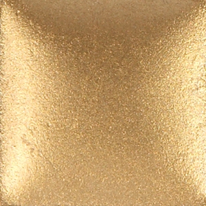 Shiny gold ceramic glaze sample showing a smooth, metallic finish suitable for decorating pottery and sculpture.
