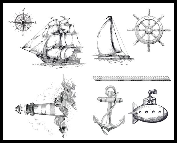 Nautical-themed illustrations, including ships, a lighthouse, an anchor, and a compass, suitable for ceramic decoration.
