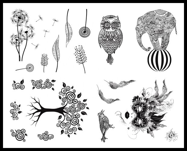 Black and white design sheet featuring intricate botanical and animal motifs, ideal for ceramic decoration and glazing.