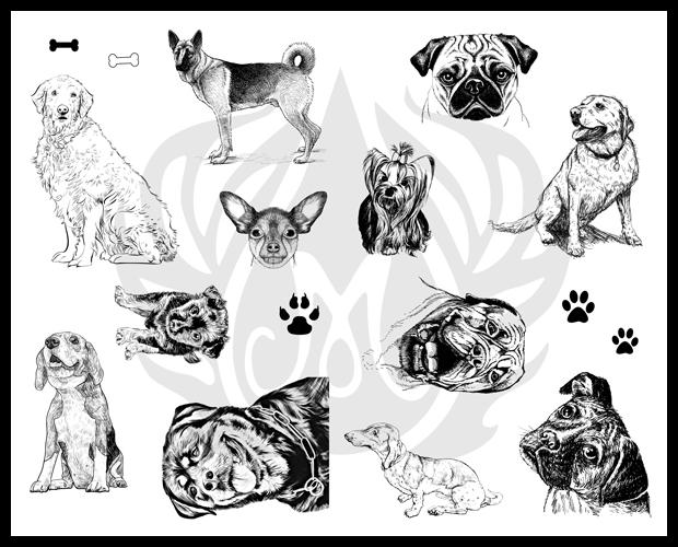 Illustration of various dog breeds in black and white, showcasing pets often featured in ceramic decorations and pottery art.