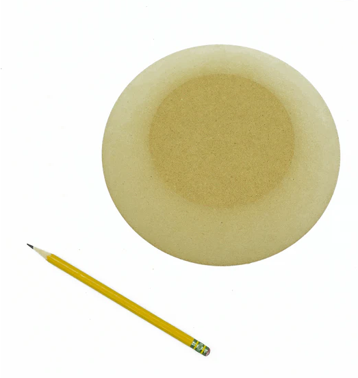 Ceramic platter template with a smooth surface, accompanied by a yellow pencil for marking designs or shapes.