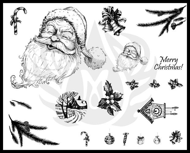 Black and white illustration featuring Santa Claus, Christmas decorations, holly, and a winter scene with a house.