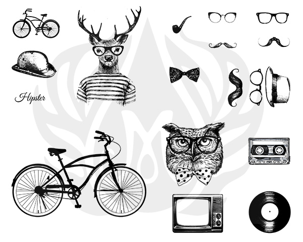 Bicycle and hipster-themed illustrations including an owl, deer, glasses, and retro items on a light background.