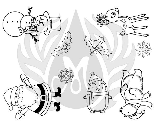 Black and white festive line drawings of a snowman, reindeer, Santa, penguin, and snowflakes, ideal for ceramic decoration.