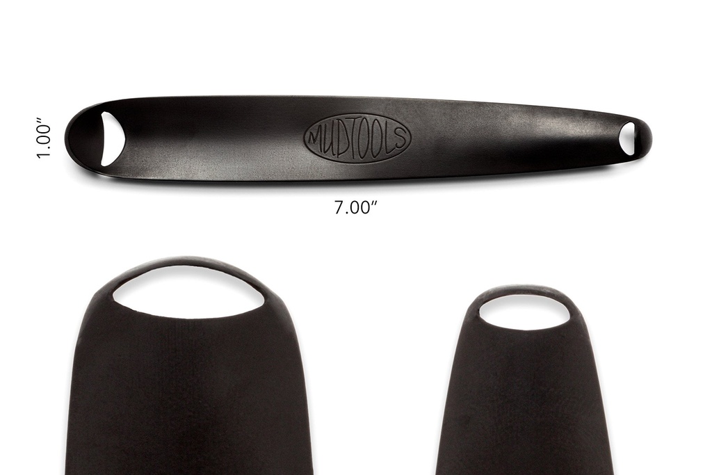 Black MudTools rib tool, 7 inches long, used for shaping and smoothing clay in pottery and ceramic art.