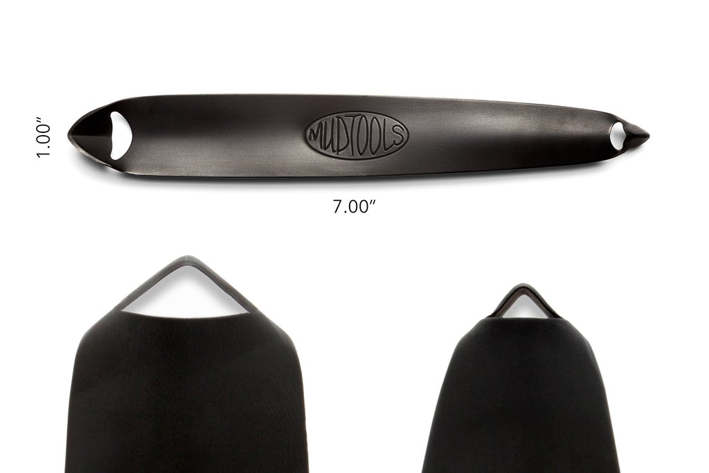 Black Mudtools ribbon tool measuring 7 inches, designed for precise trimming and decorating of pottery and clay sculptures.