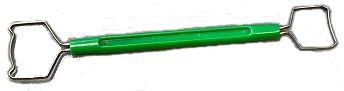 Green ceramic tool with wire ends, used for shaping and smoothing clay in pottery and sculpture projects.