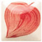Close-up of a red and white marbled ceramic heart shape, showcasing glaze details and hand-painted techniques in pottery.