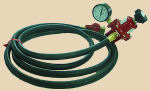 Regulator with attached hose and gauge for ceramic kiln gas supply, essential for precise firing in pottery making.