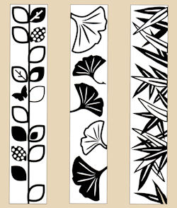 Three black and white ceramic design decals featuring leaf and bamboo patterns, ideal for pottery decoration and glazing.
