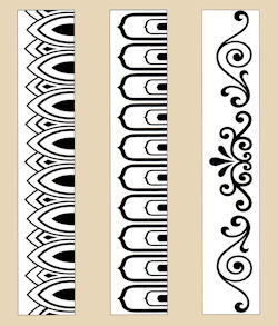 Three ceramic design strips featuring intricate black patterns on a light background, ideal for glazing or decorating pottery.