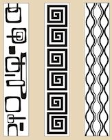 Black and white ceramic design patterns featuring geometric shapes, spirals, and wavy lines for decorating pottery.