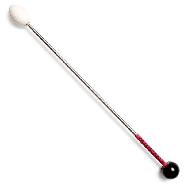 Ceramic scoring tool with an elongated metal handle and foam ends for adding texture or joining clay pieces.