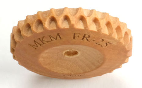 Wooden MKM FR-25 texture tool for pottery, featuring a detailed, serrated edge for creating patterns in clay.
