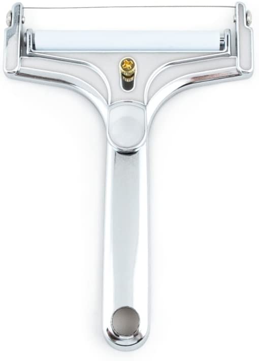 Stainless steel clay rib with a smooth white edge, used for shaping and smoothing pottery surfaces in ceramics.