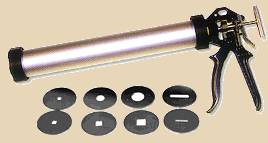 Aluminum clay gun with various interchangeable discs for shaping and extruding clay forms and designs.