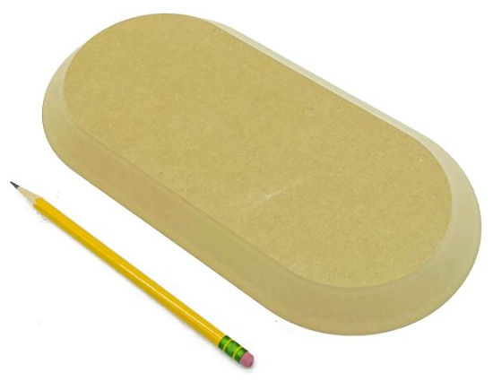 Ceramic bat with smooth edges and a yellow pencil placed beside it for reference, ideal for pottery shaping and sculpting.