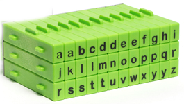 Green alphabet stamp set with lowercase letters for decorating pottery and ceramics at Georgies Ceramic & Clay Company.