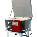 Front view of an electric kiln with an open lid, showcasing the firing chamber, suitable for pottery and ceramic projects.